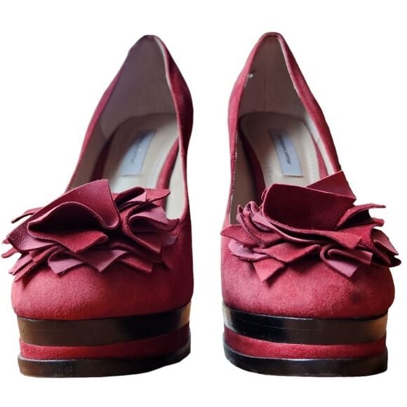 Classiques Entier Heels Platform‎ Stilettos Red Pink Burgundy Suede Flower 7.5 - Picture 4 of 12